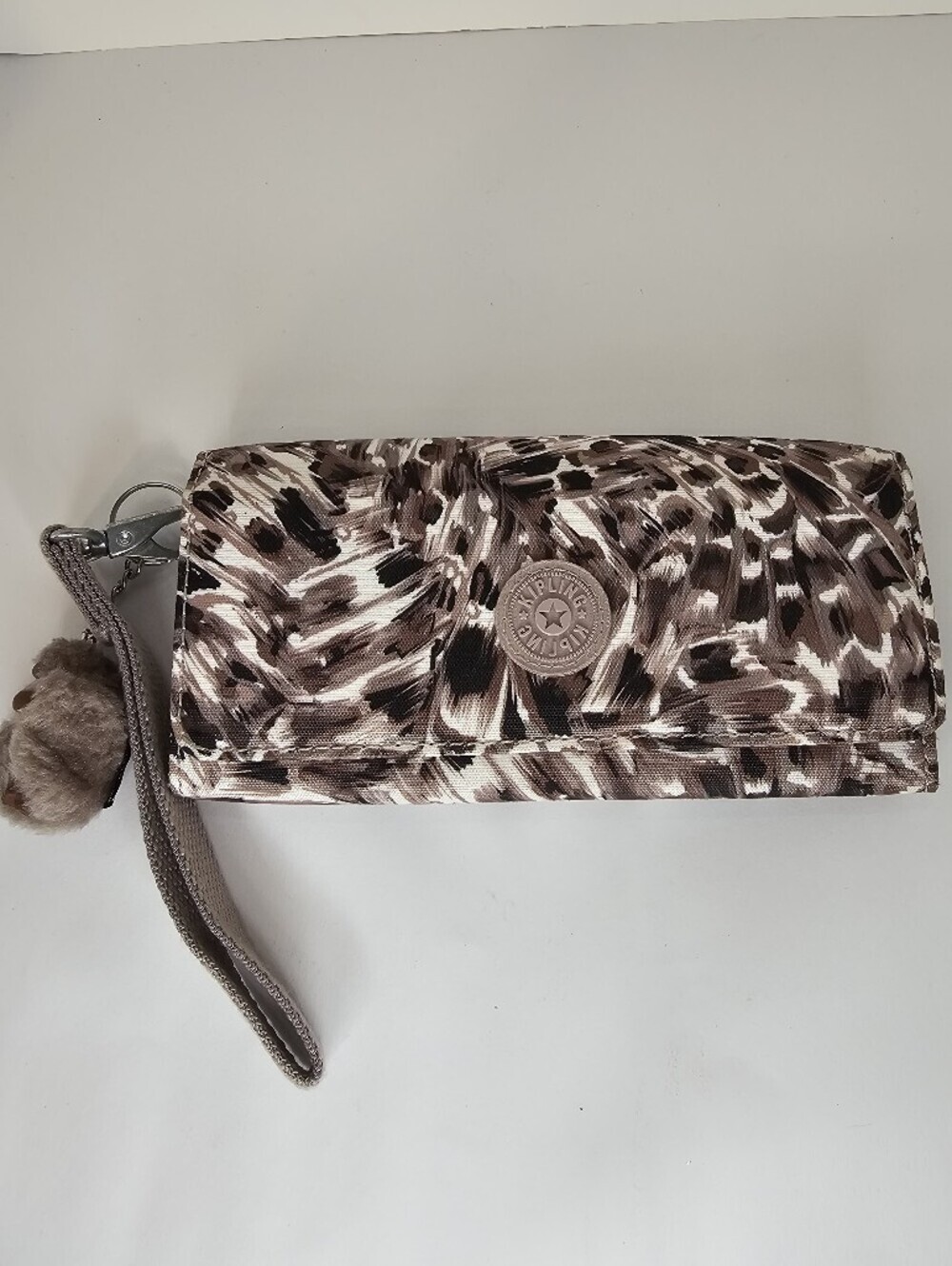 Kipling Rubi Snap Long Wallet Wristlet Leopard Print with Monkey-Removable Strap